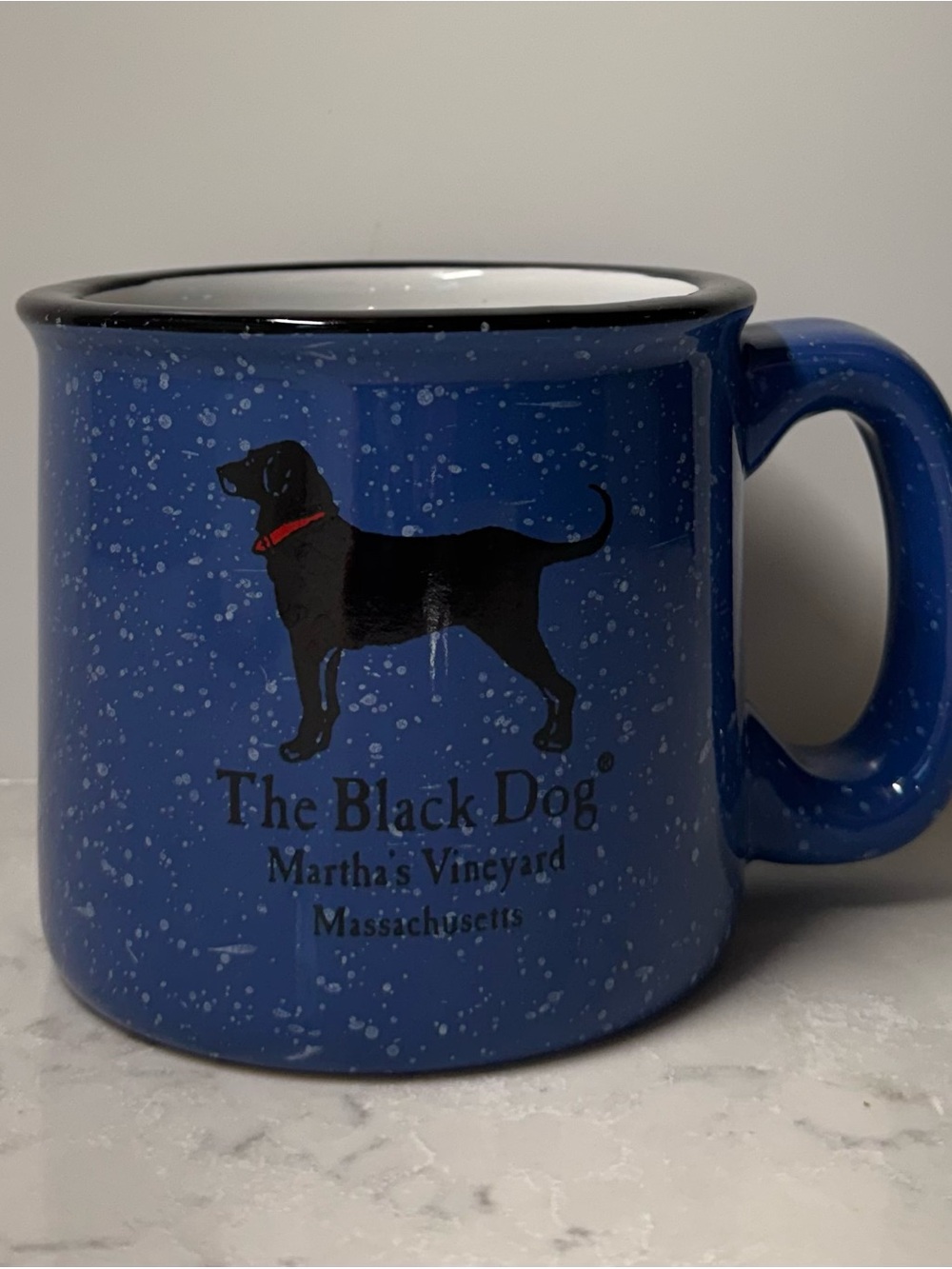 Vintage-Style Blue Speckled Black Dog Mug Martha’s Vineyard
